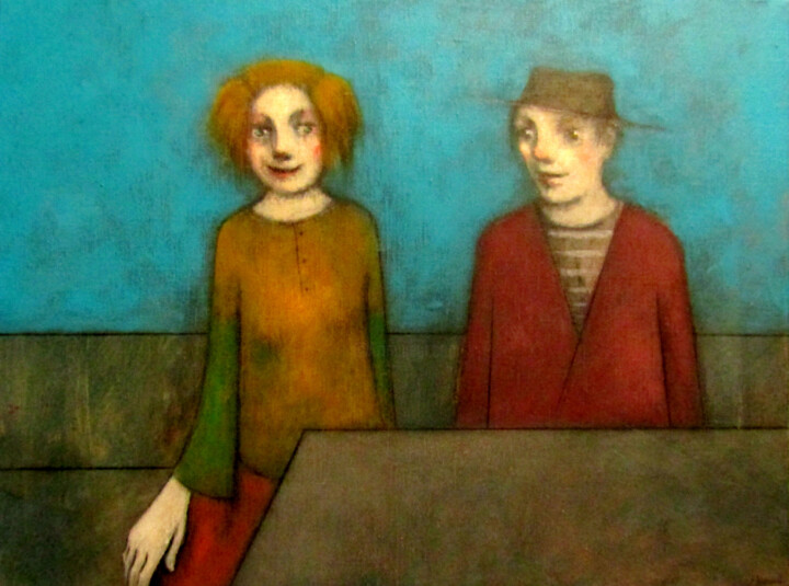 Painting titled "Au café" by François Joseph Durand, Original Artwork, Acrylic