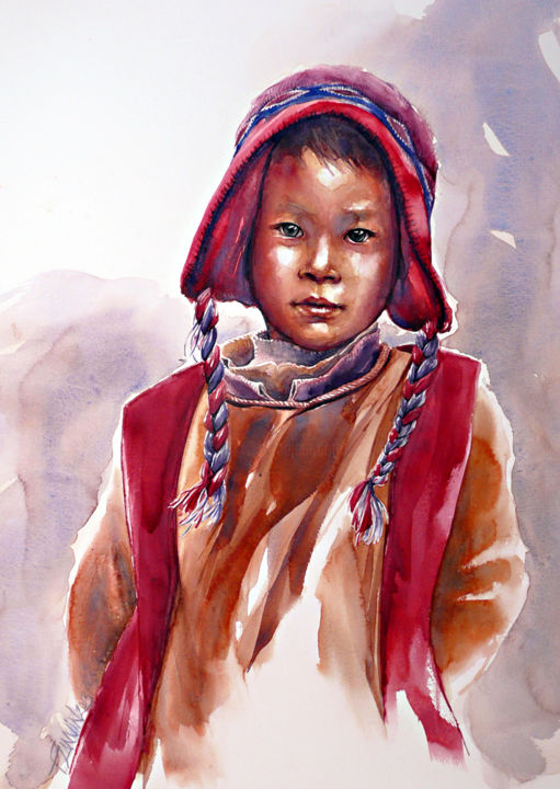 「enfant-tibet.jpg」というタイトルの絵画 François Lanvinによって, オリジナルのアートワーク, 水彩画