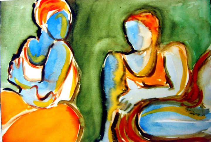 Painting titled "deux femmes" by Francois Mollon Gros-Desormeaux, Original Artwork, Watercolor