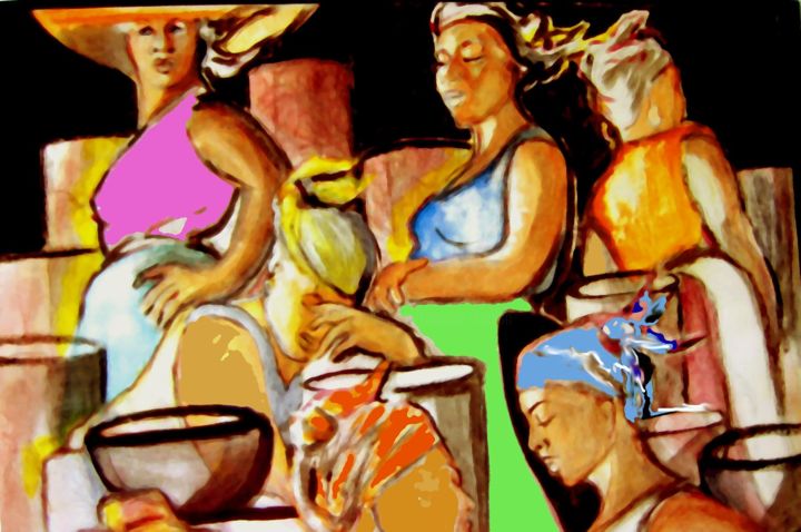 Painting titled "femmes au marché" by Francois Mollon Gros-Desormeaux, Original Artwork, Acrylic