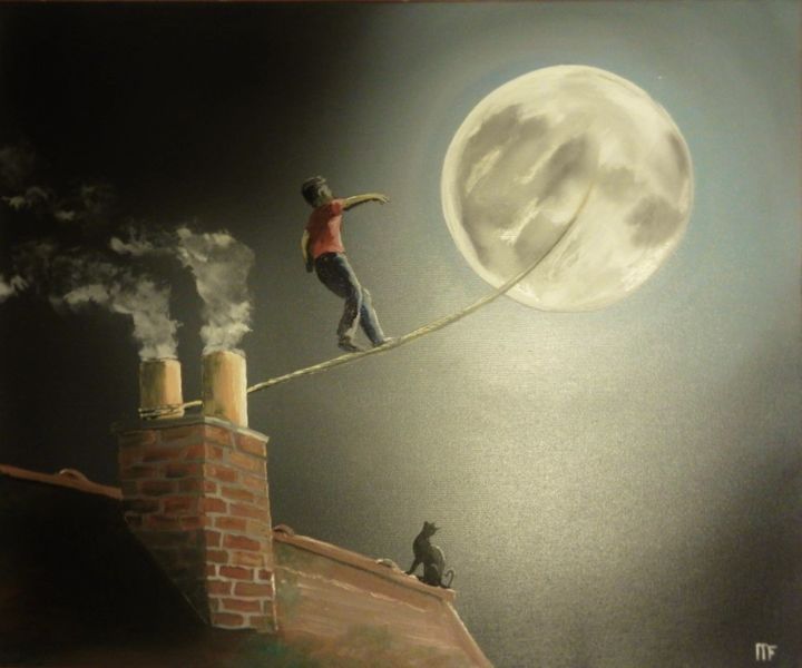 Schilderij getiteld "jusqu-a la lune" door Francois Mouillard, Origineel Kunstwerk, Olie