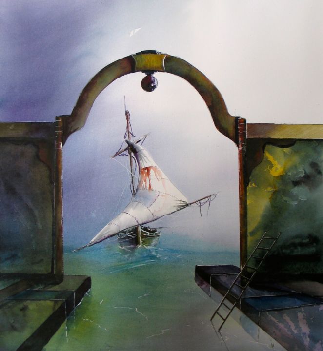 Peinture intitulée "Bateau au Port" par François Renault, Œuvre d'art originale, Aquarelle