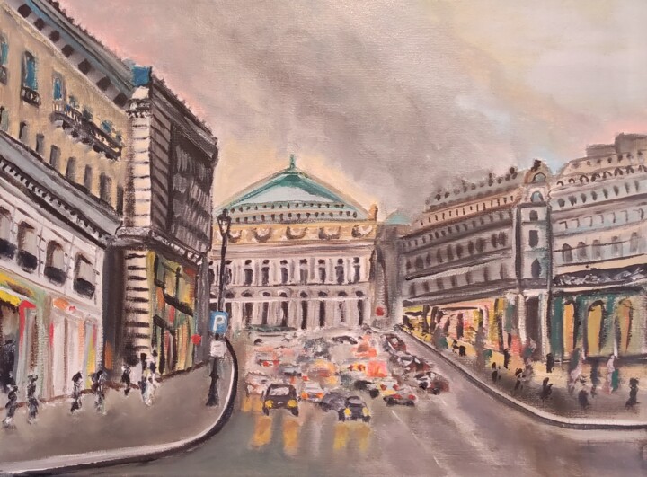 Painting titled "Avenue de l'Opéra" by François Van Hemelryck, Original Artwork, Oil Mounted on Wood Stretcher frame