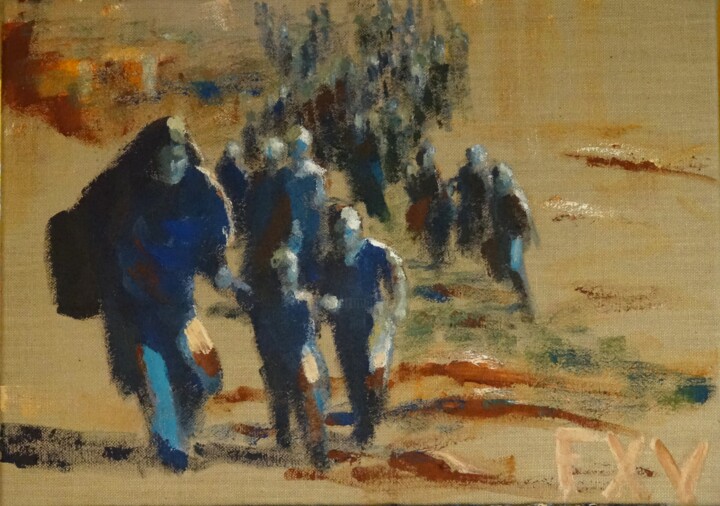 Картина под названием "Migrants dans le dé…" - Francois Xavier Vaudeleau, Подлинное произведение искусства, Акрил Установлен…