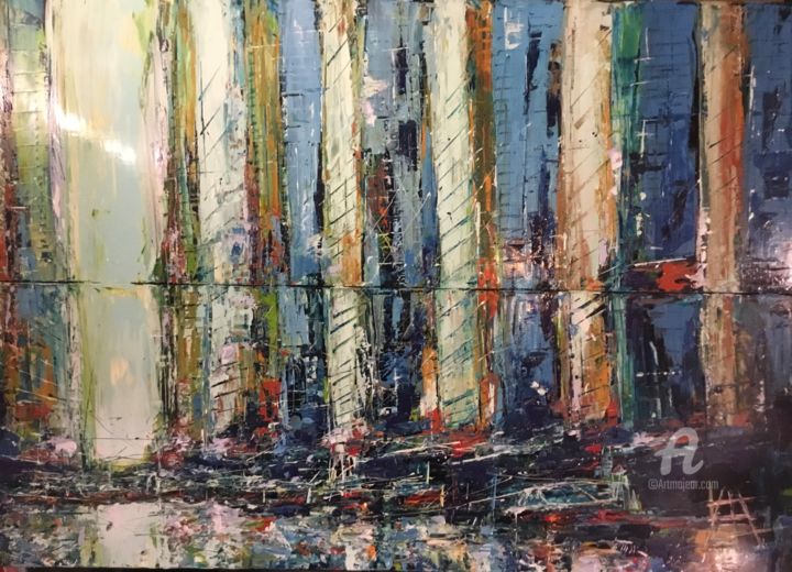 Peinture intitulée "Into The City" par Francois Barroux, Œuvre d'art originale, Huile Monté sur Châssis