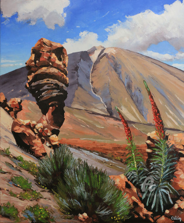 Painting titled "Los Roques, Tenerife" by François Collin, Original Artwork, Oil Mounted on Wood Stretcher frame