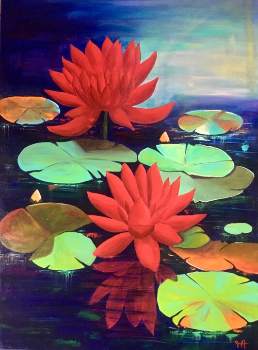 Painting titled "LOTUS" by Françoise Augustine, Original Artwork, Acrylic Mounted on Wood Stretcher frame