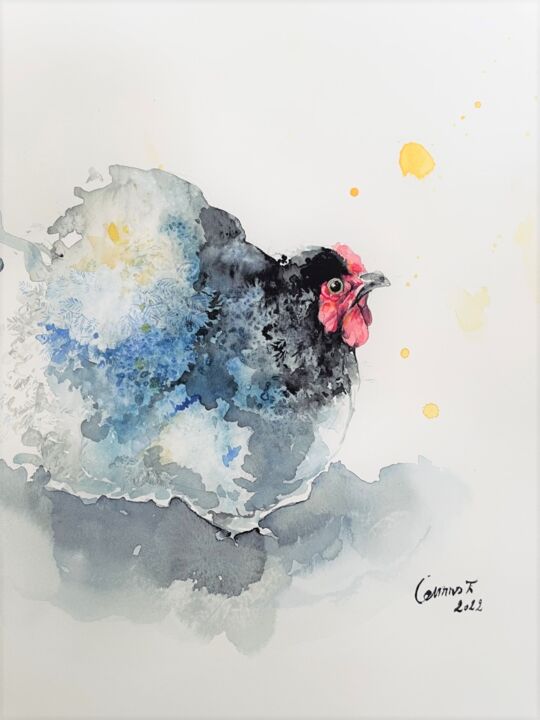 Peinture intitulée "Poule noire" par Françoise Camus, Œuvre d'art originale, Aquarelle