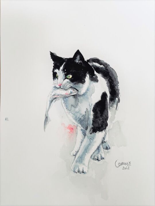 Painting titled "Le chat chasseur" by Françoise Camus, Original Artwork, Watercolor