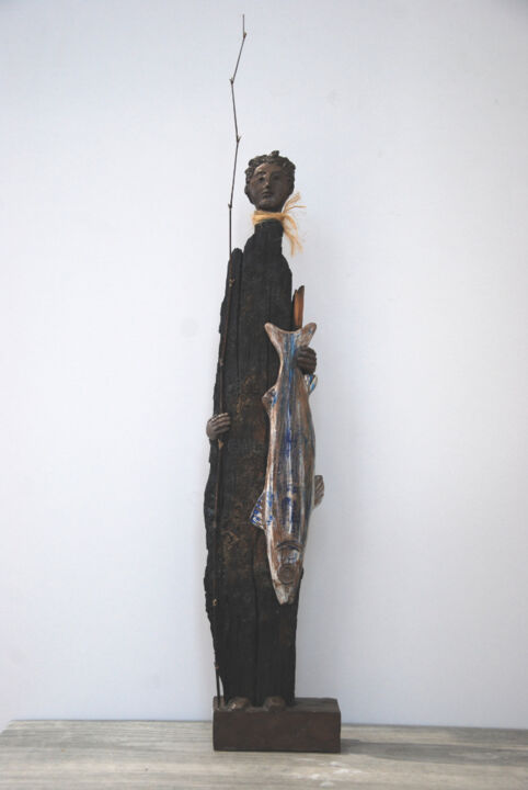 Sculpture intitulée "Pêcheur" par Françoise Delorenzi, Œuvre d'art originale, Bois