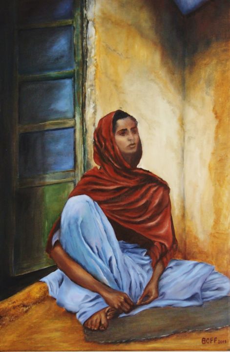 Painting titled "L'attente" by Françoise Folley, Original Artwork, Oil