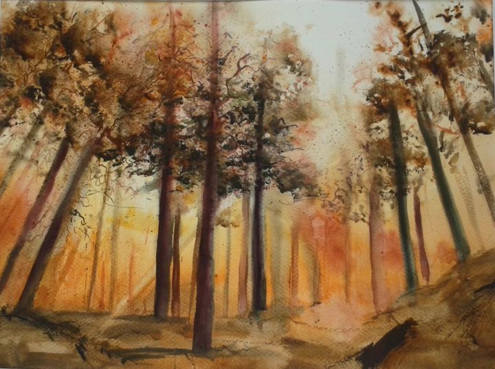 Peinture intitulée "le soir la forêt s'…" par Françoise Gy Bollore, Œuvre d'art originale, Aquarelle
