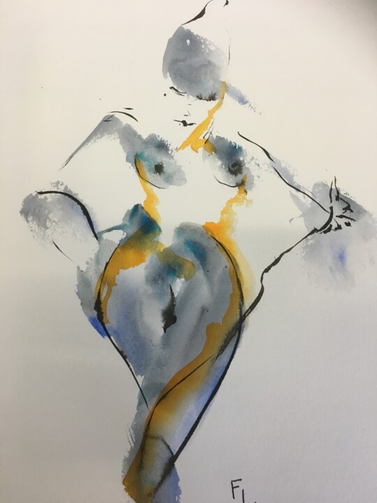 Malerei mit dem Titel "Femme guitare" von Francoise Leblanc, Original-Kunstwerk, Aquarell