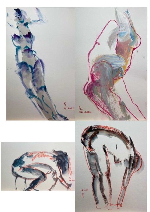 Dessin intitulée "4 DESSINS FEMMES JE…" par Francoise Leblanc, Œuvre d'art originale, Aquarelle