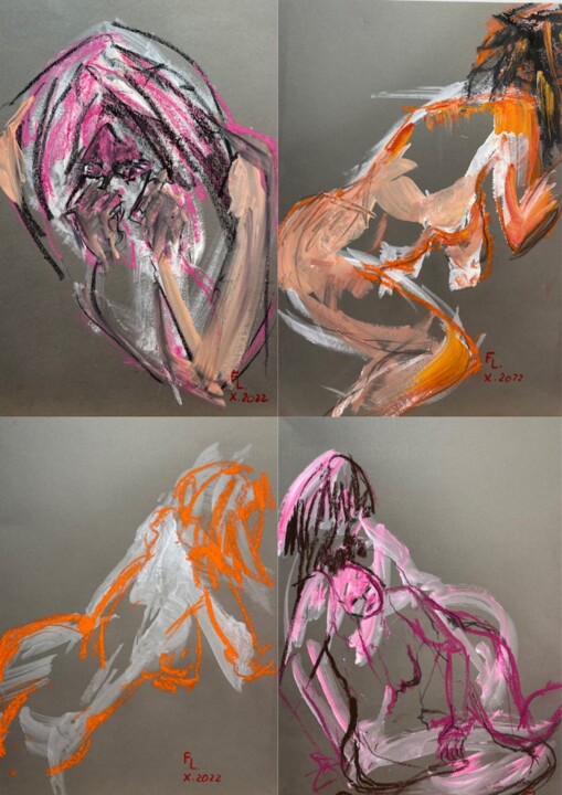Peinture intitulée "4 DESSINS FEMMES HA…" par Francoise Leblanc, Œuvre d'art originale, Acrylique