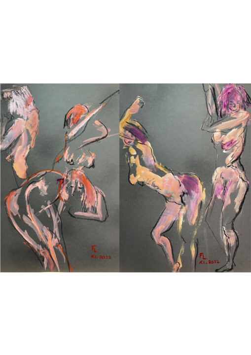 Dessin intitulée "2 DESSINS FEMMES EN…" par Francoise Leblanc, Œuvre d'art originale, Acrylique