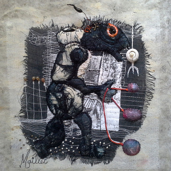 Textielkunst getiteld "Le broyeur de noir" door Françoise Maillet, Origineel Kunstwerk, Borduurwerk