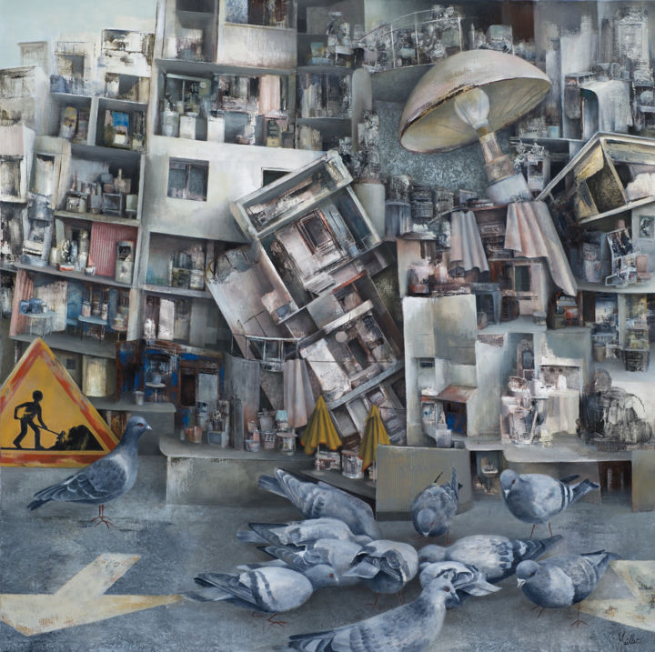 Картина под названием "Les pigeons" - Françoise Maillet, Подлинное произведение искусства, Акрил