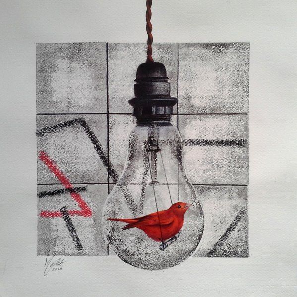 Dessin intitulée "L'oiseau à la balan…" par Françoise Maillet, Œuvre d'art originale