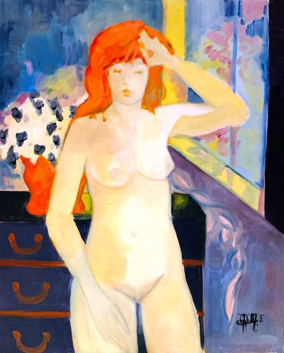 Painting titled ""Jeune femme rousse…" by Françoise Marchetti, Original Artwork, Oil Mounted on Wood Stretcher frame