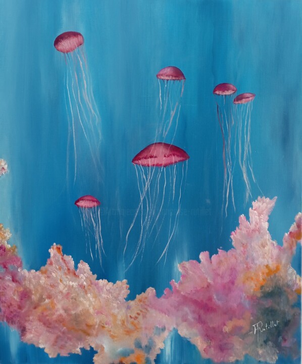 Painting titled "Corail et Méduses" by Françoise Rutillet, Original Artwork, Oil