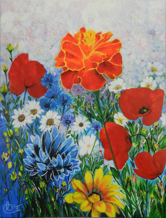 Painting titled "floral 4" by Francoise Souriau, Original Artwork, Acrylic Mounted on Wood Stretcher frame