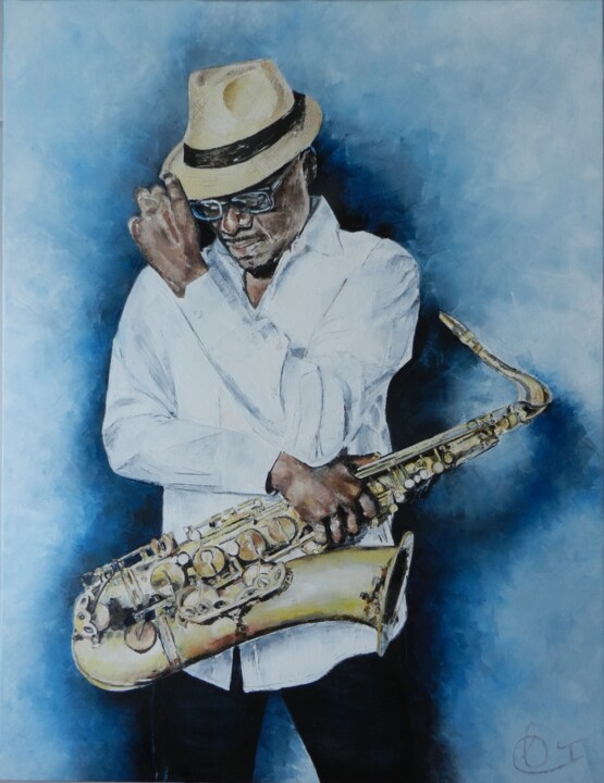 Painting titled "Chapo saxo" by Francoise Souriau, Original Artwork, Oil Mounted on Wood Stretcher frame