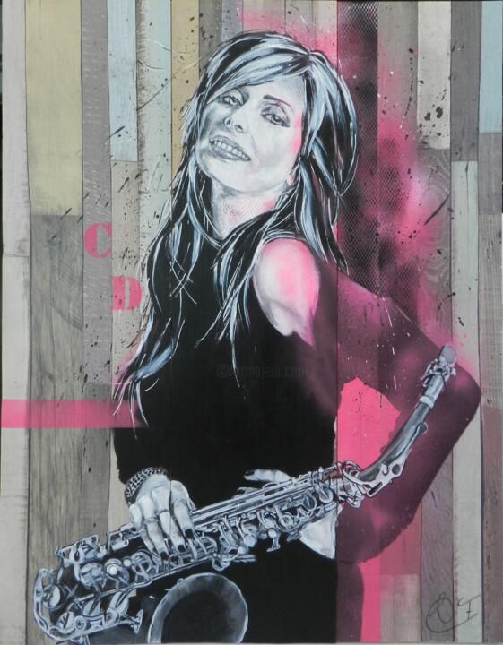 Pittura intitolato "la saxophoniste" da Francoise Souriau, Opera d'arte originale, Acrilico Montato su Altro pannello rigido