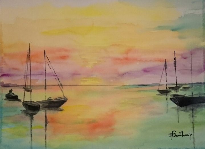 Painting titled "SOLEIL COUCHANT" by Francoise Bontemps, Original Artwork, Watercolor