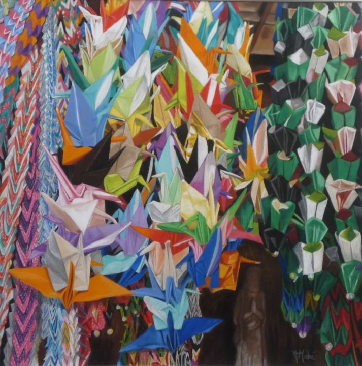 Dessin intitulée "Cascade d'origamis" par Françoise Mahe, Œuvre d'art originale, Pastel