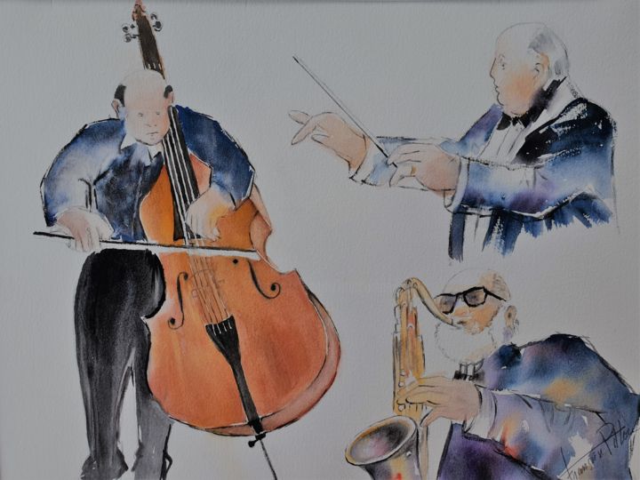 Peinture intitulée "trio de musiciens" par Françoise Pillou, Œuvre d'art originale, Aquarelle