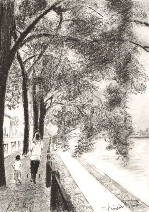 「petite promenade」というタイトルの描画 Françoise Pillouによって, オリジナルのアートワーク, 木炭