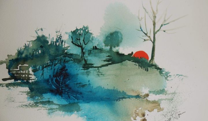 Painting titled "soleil couchant" by Françoise Pillou, Original Artwork, Watercolor