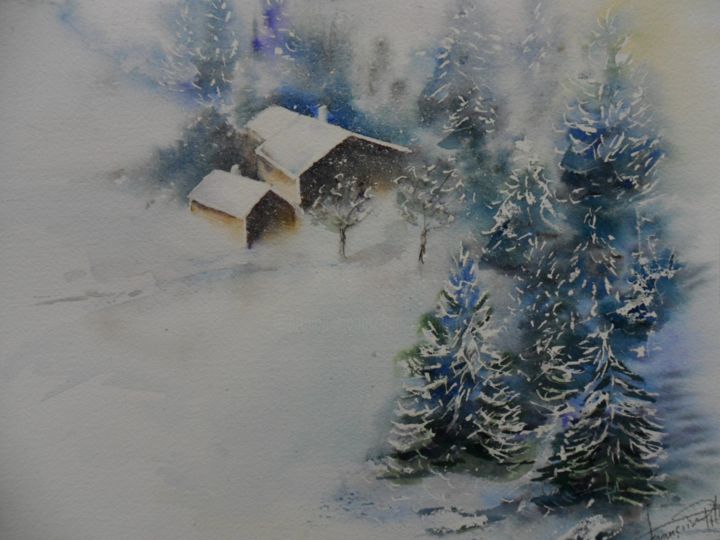 Painting titled "silence-de-neige.jpg" by Françoise Pillou, Original Artwork, Watercolor