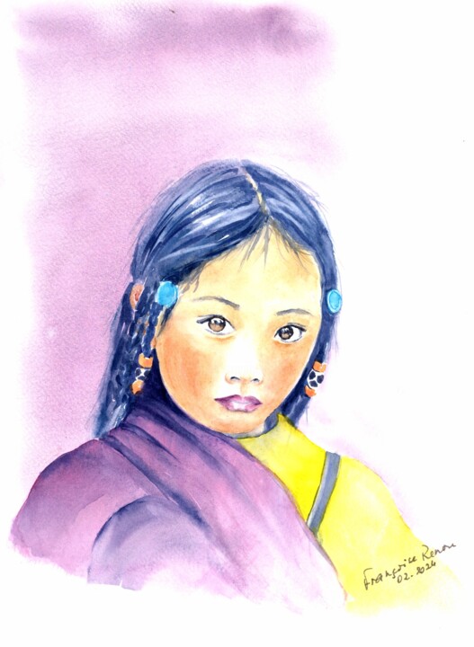 Peinture intitulée "Fillette tibétaine…" par Françoise Renou, Œuvre d'art originale, Aquarelle