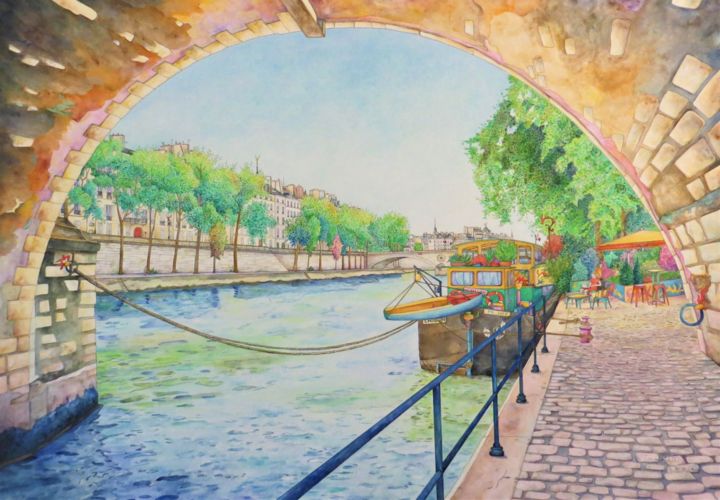 Peinture intitulée "Péniche" par François F., Œuvre d'art originale, Aquarelle