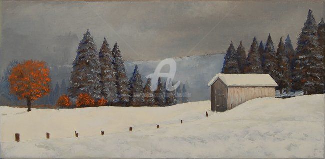 Painting titled "Loge en hiver" by Frank Chevallier, Original Artwork