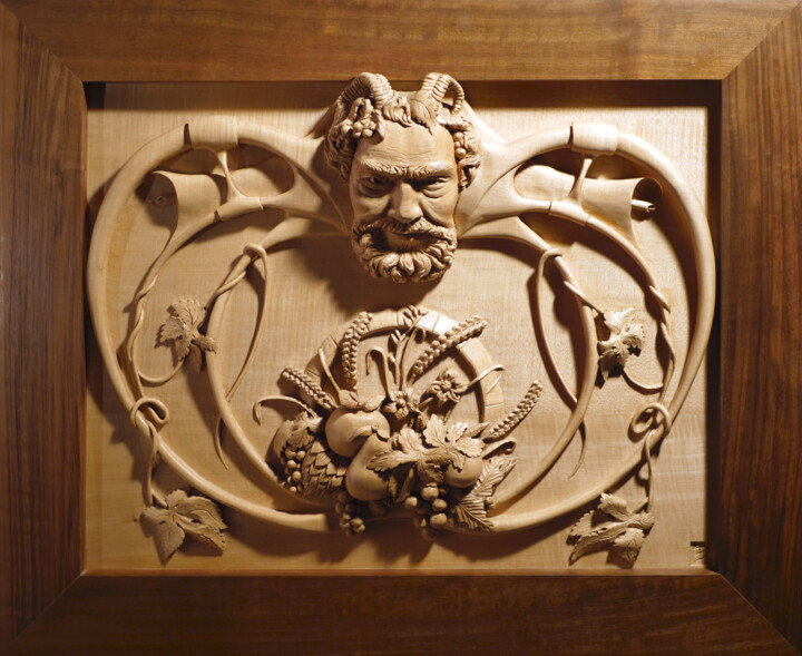 Sculpture titled "Dionysos" by Frank Dreyer, Original Artwork, Wood Mounted on Wood Panel