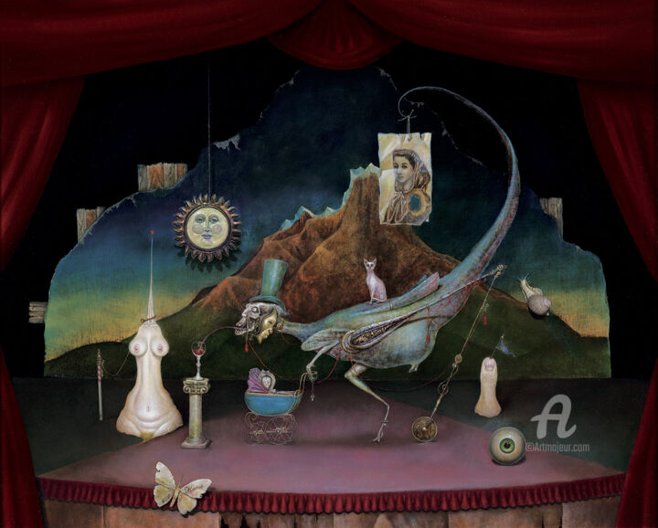 Peinture intitulée "The absurd theater…" par Frank Kortan, Œuvre d'art originale, Huile