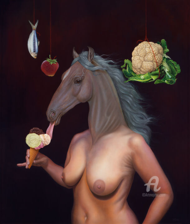 Schilderij getiteld "The nibbling Centau…" door Frank Kortan, Origineel Kunstwerk, Olie