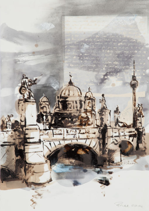 Zeichnungen mit dem Titel "Schlossbrücke Berlin" von Frank Roedel, Original-Kunstwerk, Tinte Auf Karton montiert