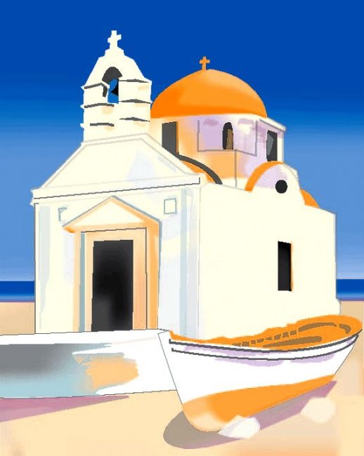 Digitale Kunst getiteld "Seaside Church" door Frank, Origineel Kunstwerk, Digitaal Schilderwerk