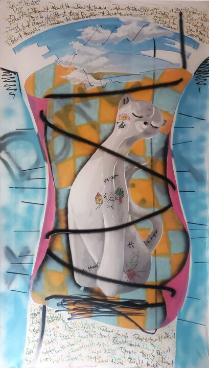 Painting titled "Gato envuelto para…" by Franky Vv, Original Artwork, Acrylic