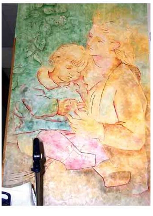 Painting titled "Maternidad de Picas…" by Franky Vv, Original Artwork, Encaustic Mounted on Wood Panel