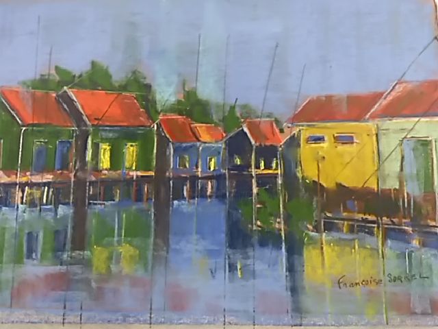 Painting titled "Les cabanes sur l’î…" by Françoise Sorrel, Original Artwork, Pastel