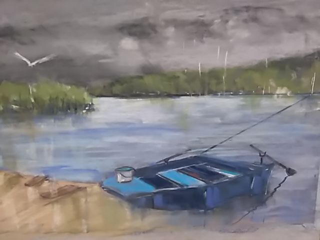 Painting titled "La barque bleue" by Françoise Sorrel, Original Artwork, Pastel