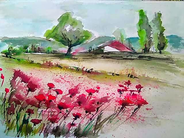 Painting titled "Champs de coquelico…" by Françoise Sorrel, Original Artwork, Watercolor