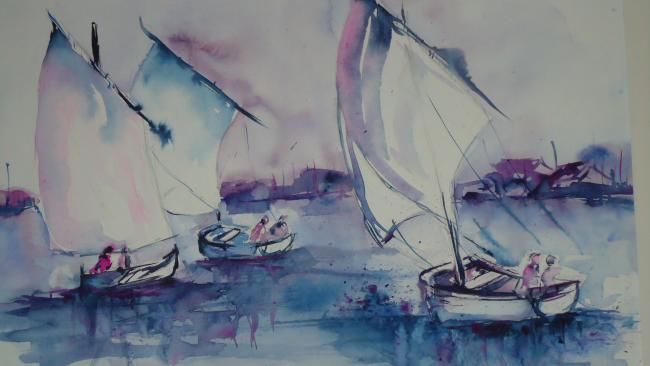Peinture intitulée "Sortie en mer" par Françoise Sorrel, Œuvre d'art originale