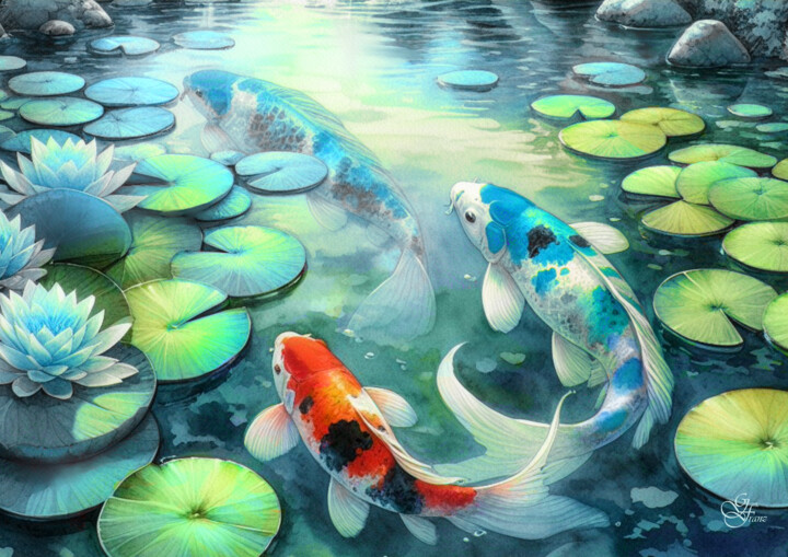 Arte digitale intitolato "Fische im Teich" da Franz Grausenburger, Opera d'arte originale, Pittura digitale