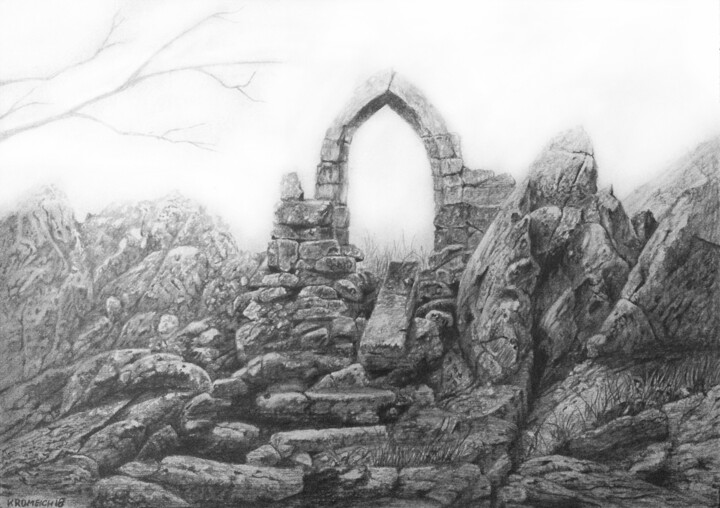 Drawing titled "eglise oublée 5" by Franzart, Original Artwork, Pencil